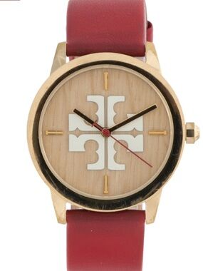 Tory Burch Red Leather Reva Watch with Gold Case 36 mm